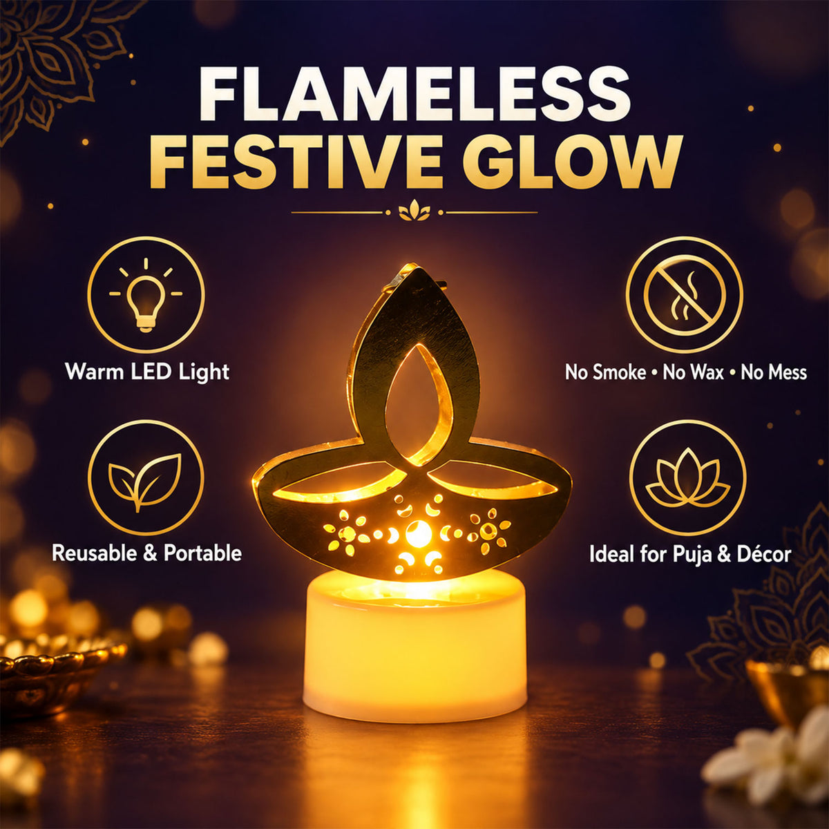 Close up of a single golden diya LED tealight glowing
