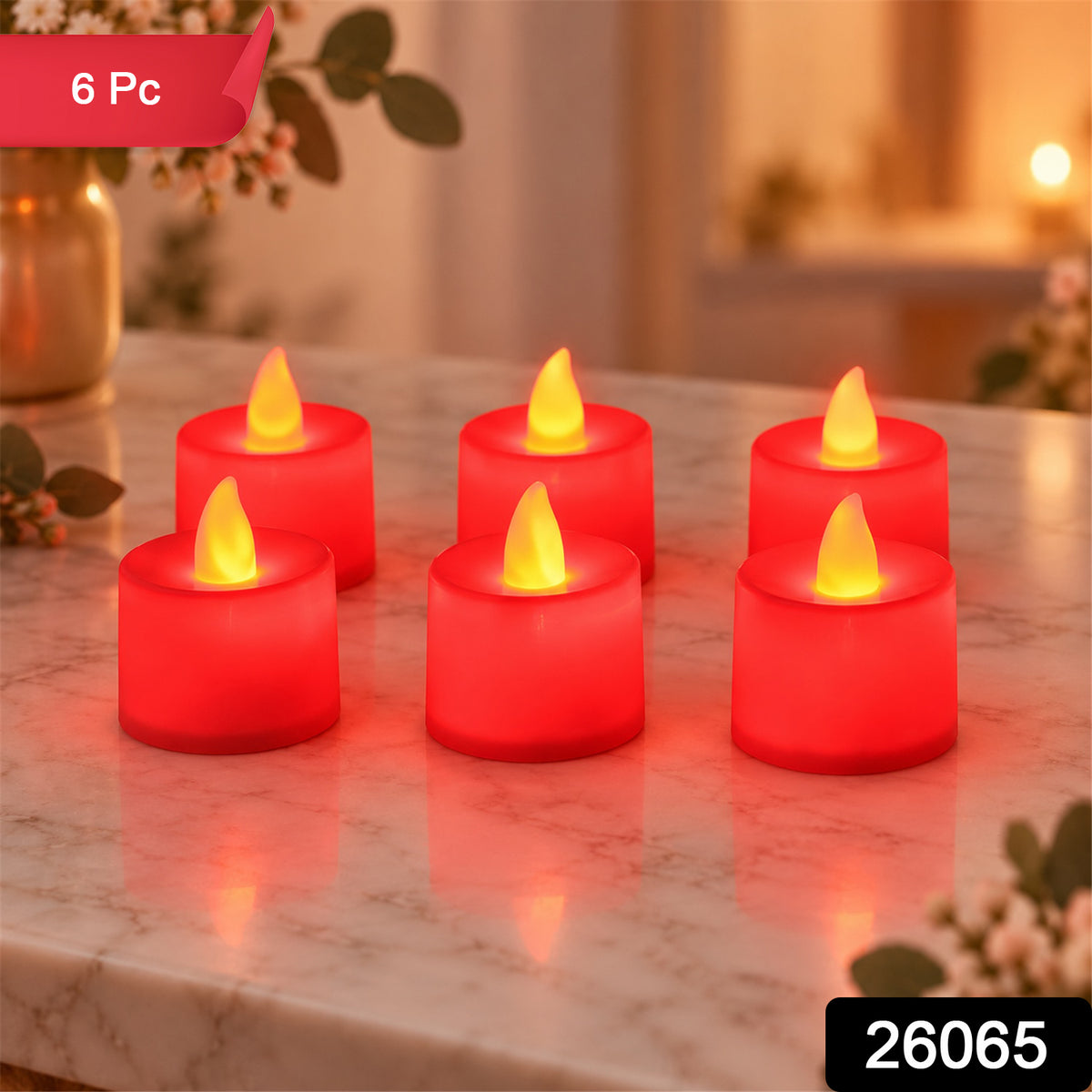 Red glow flameless LED tealight candles - 6 Pc set