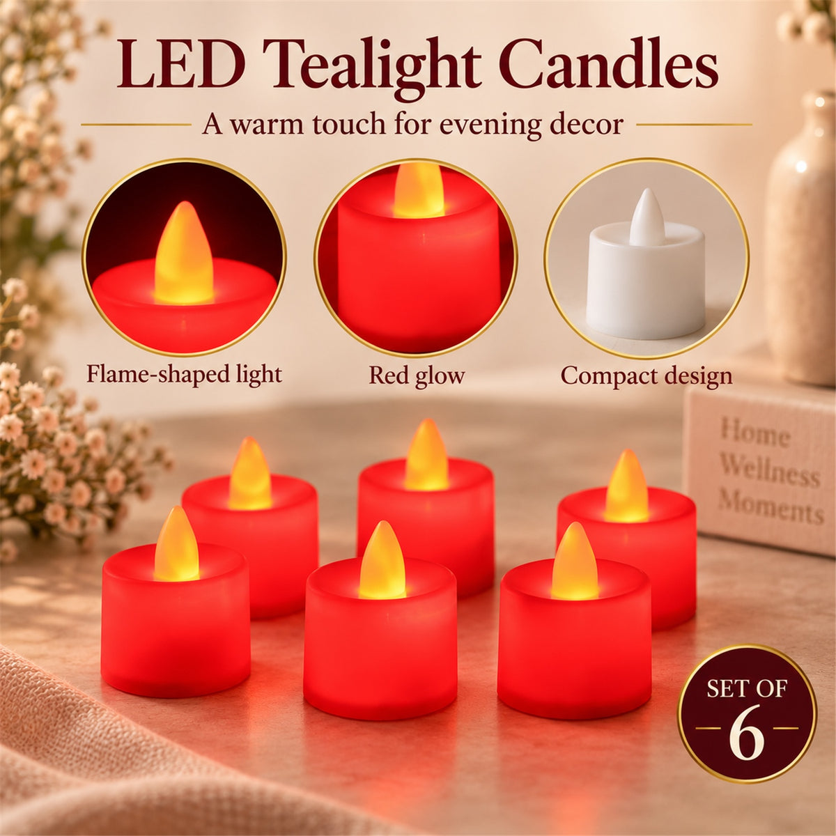 Red glow flameless LED tealight candles - product view 05