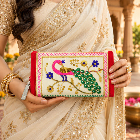 Traditional peacock embroidered clutch wallet with zip closure and colourful design