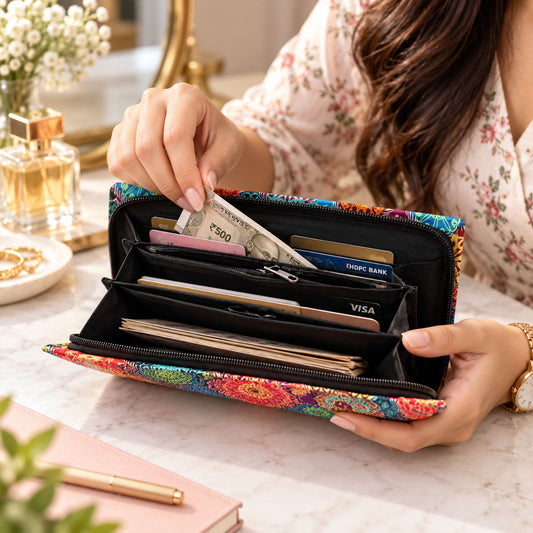 A person's hands are shown placing Indian currency into a vibrant, open, patterned clutch wallet with multiple compartments.