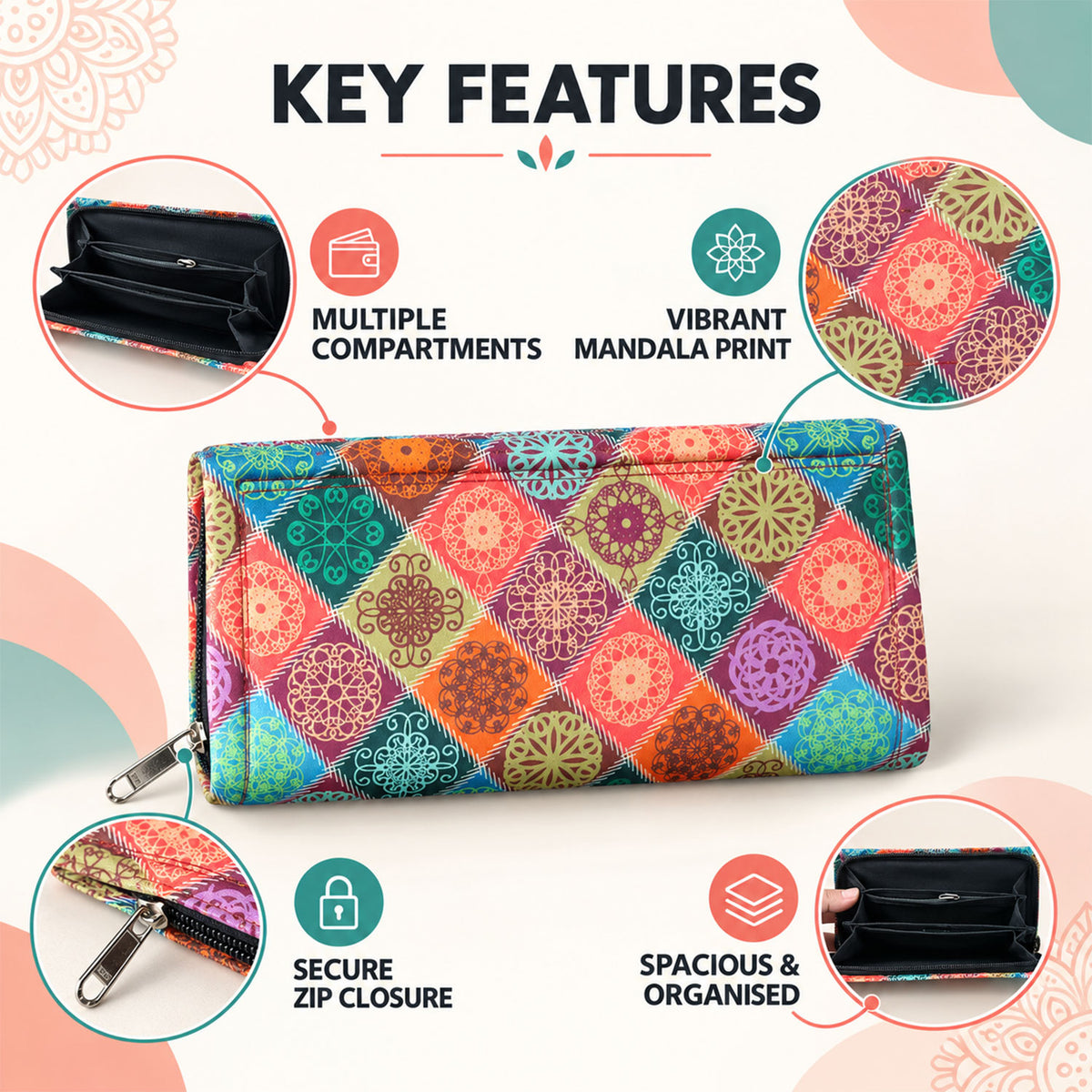 Traditional mandala print zipper wallet - product view 05