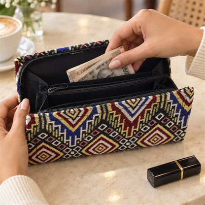 Traditional geometric woven clutch wallet zipper