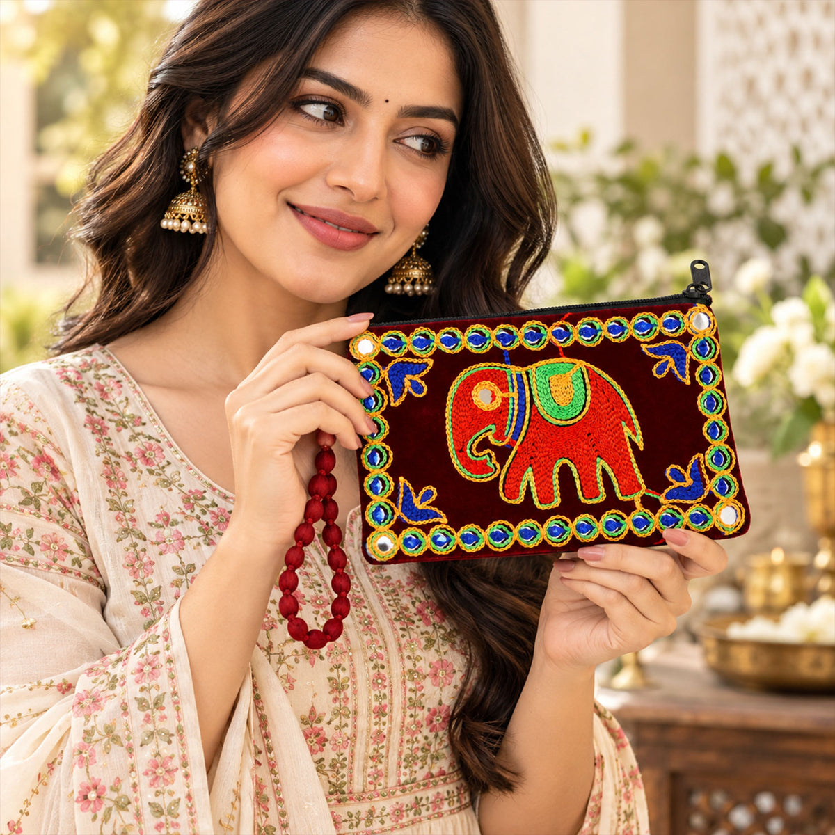 Elephant embroidered clutch wallet wrist loop