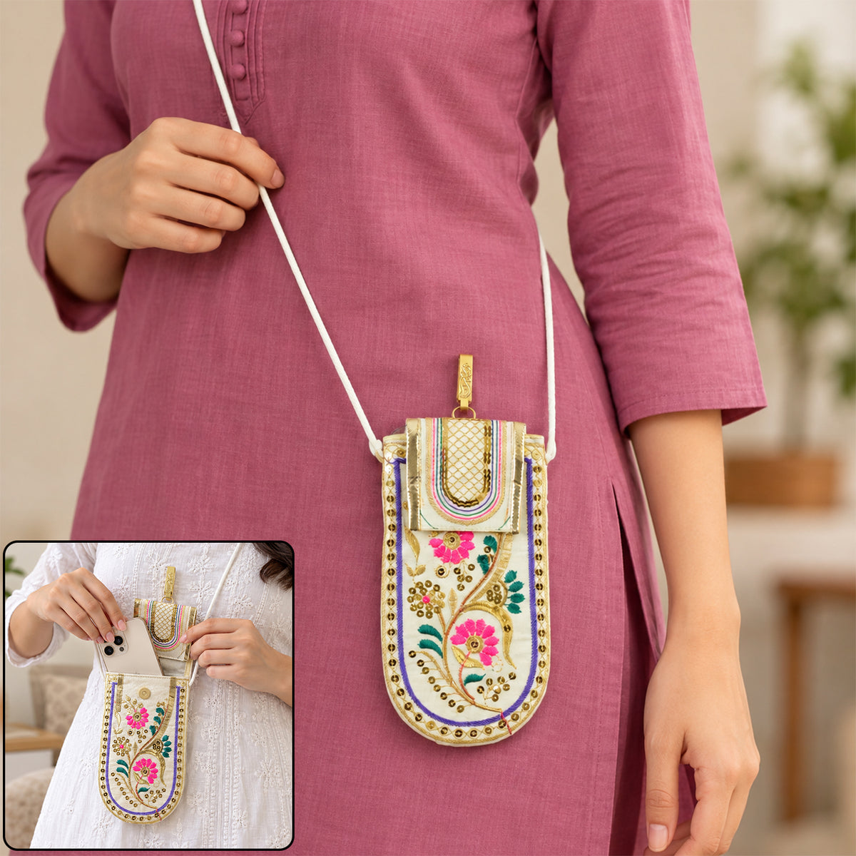 Traditional floral embroidered mobile sling pouch - view 01