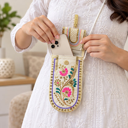 Traditional floral embroidered mobile sling pouch - view 03