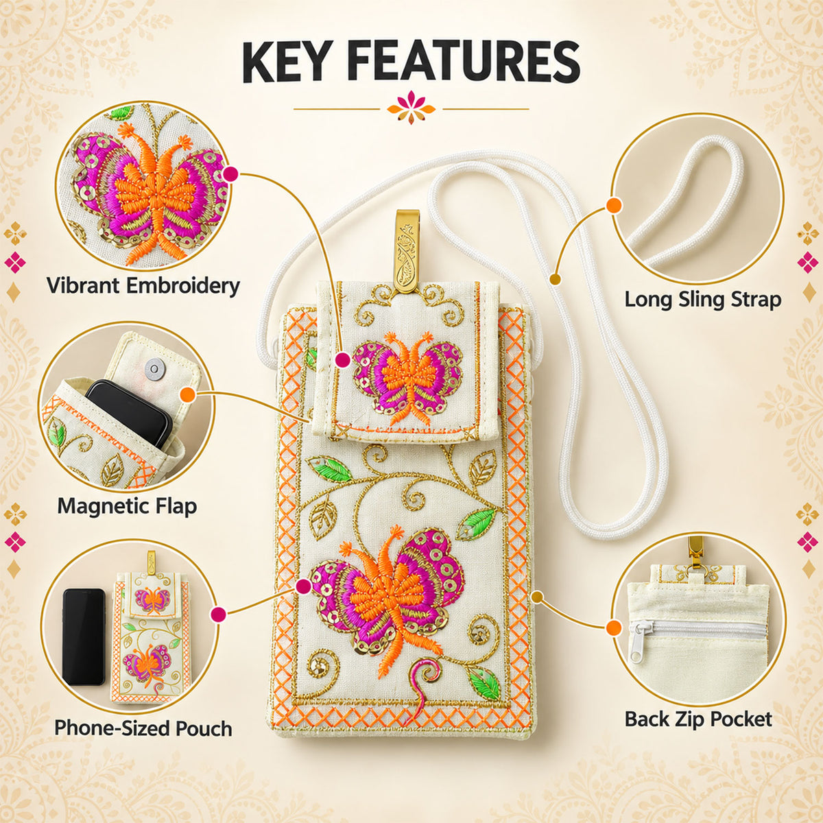 Traditional embroidered mobile sling pouch - product view 04