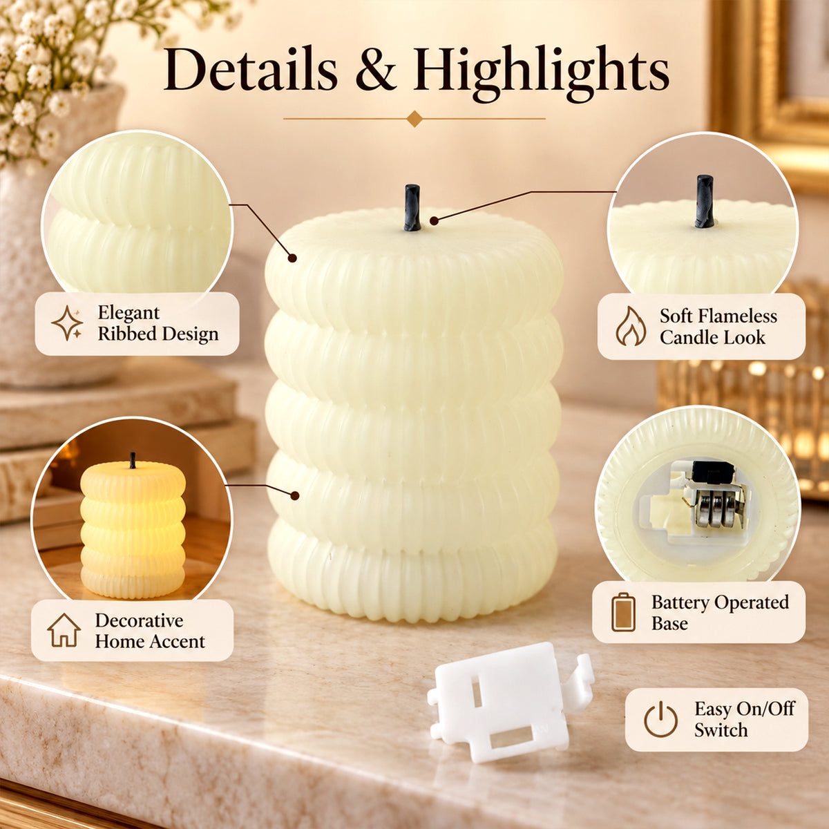A composite image showing details of a single ribbed LED candle, its battery base, and on/off switch.