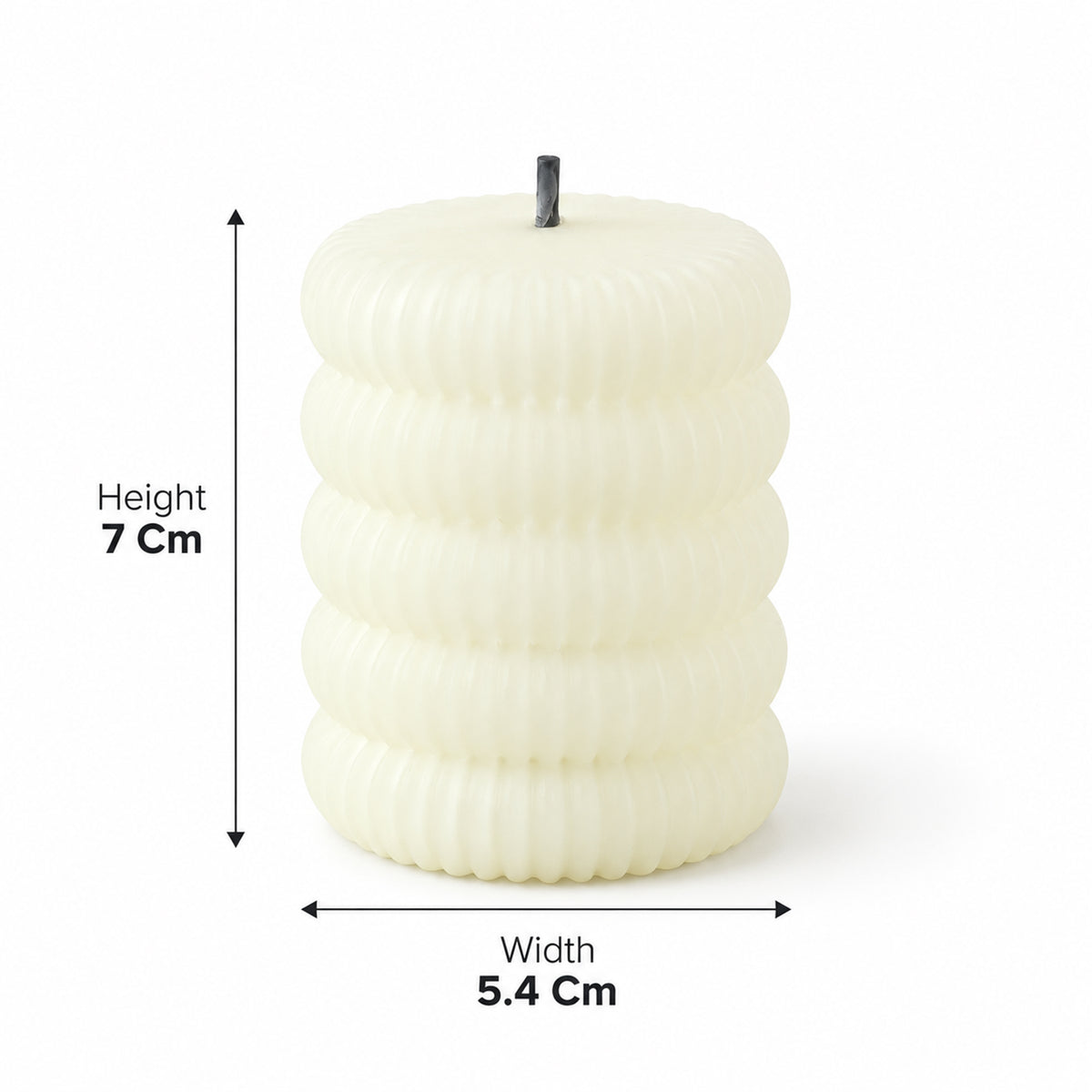 A single cream-colored ribbed flameless LED tealight candle with its height and width dimensions indicated.