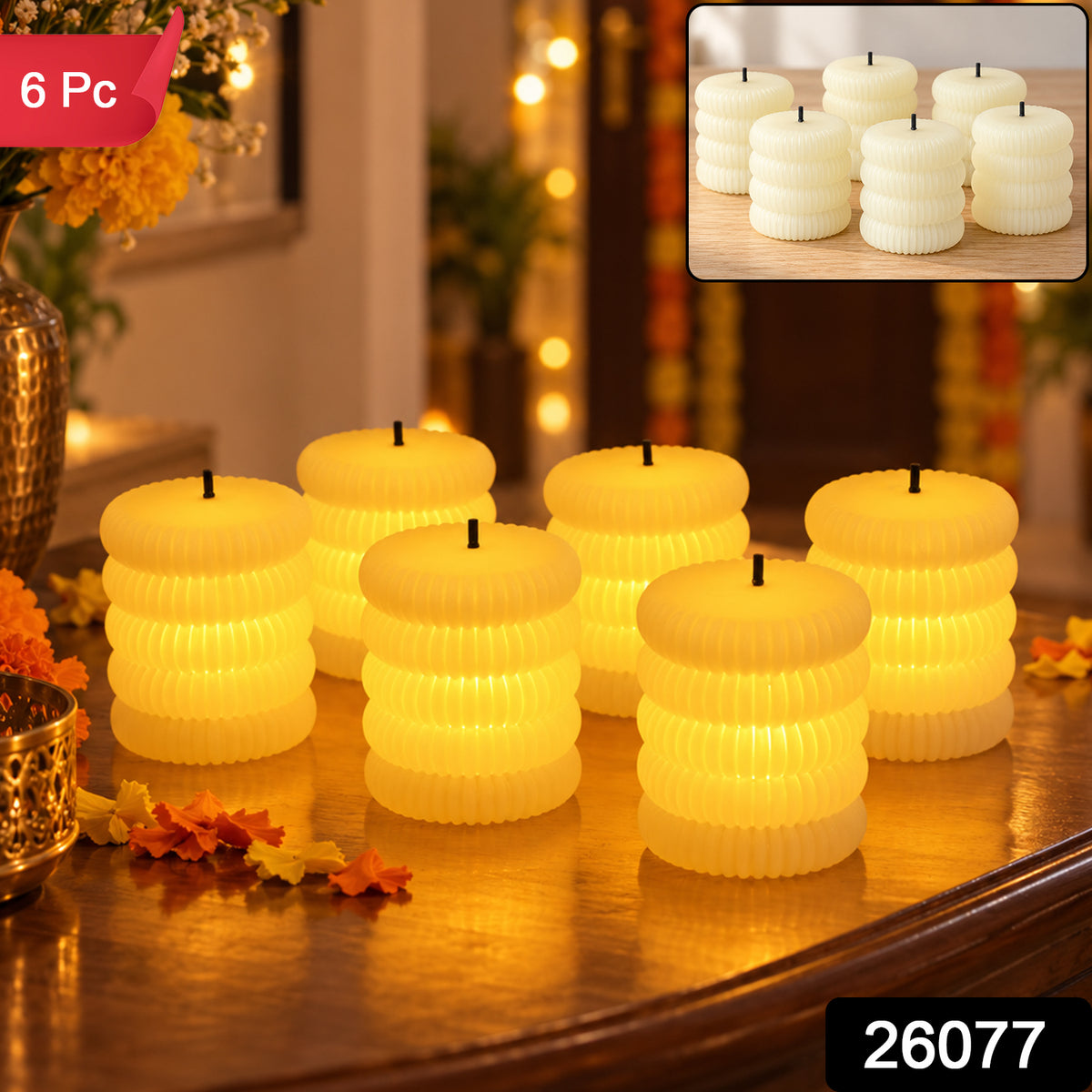 Six ribbed flameless LED tealight candles glowing on a wooden surface, with an inset showing them unlit.