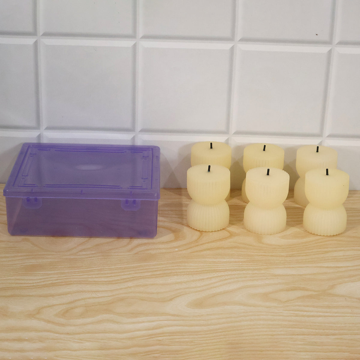 Hourglass ribbed flameless LED candles - actual product and plastic box