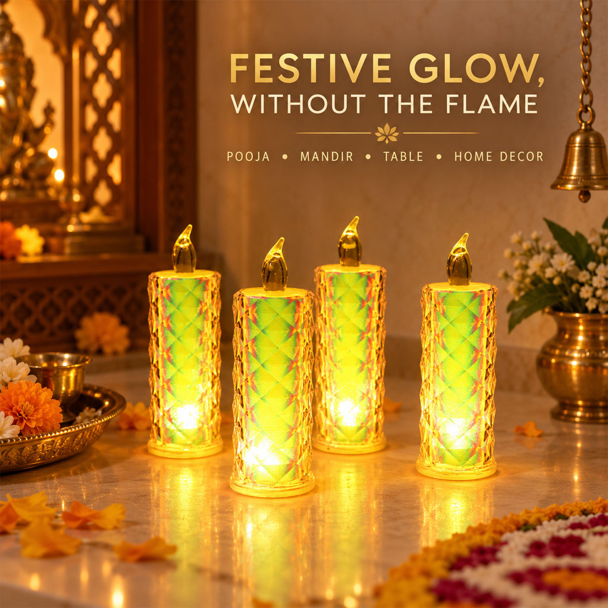 Four illuminated crystal LED candles with a warm yellow glow are displayed on a decorative surface with traditional Indian