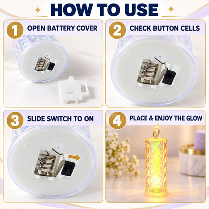 A four-panel graphic illustrates how to use the crystal LED candle, showing battery insertion and switch operation.