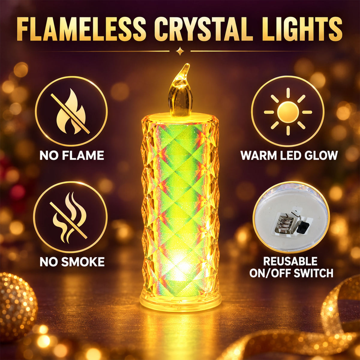 A single glowing crystal LED candle with a faceted body and a flame-shaped tip stands against a dark, bokeh background.