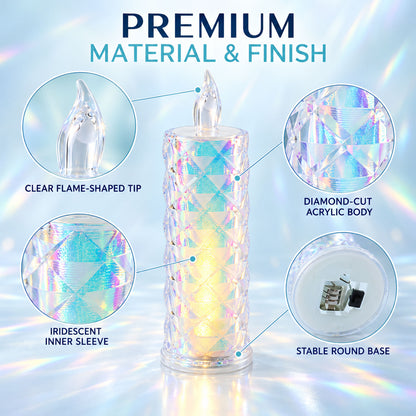 A detailed view of a single crystal LED candle showing its clear flame tip, diamond-cut acrylic body, and iridescent inner