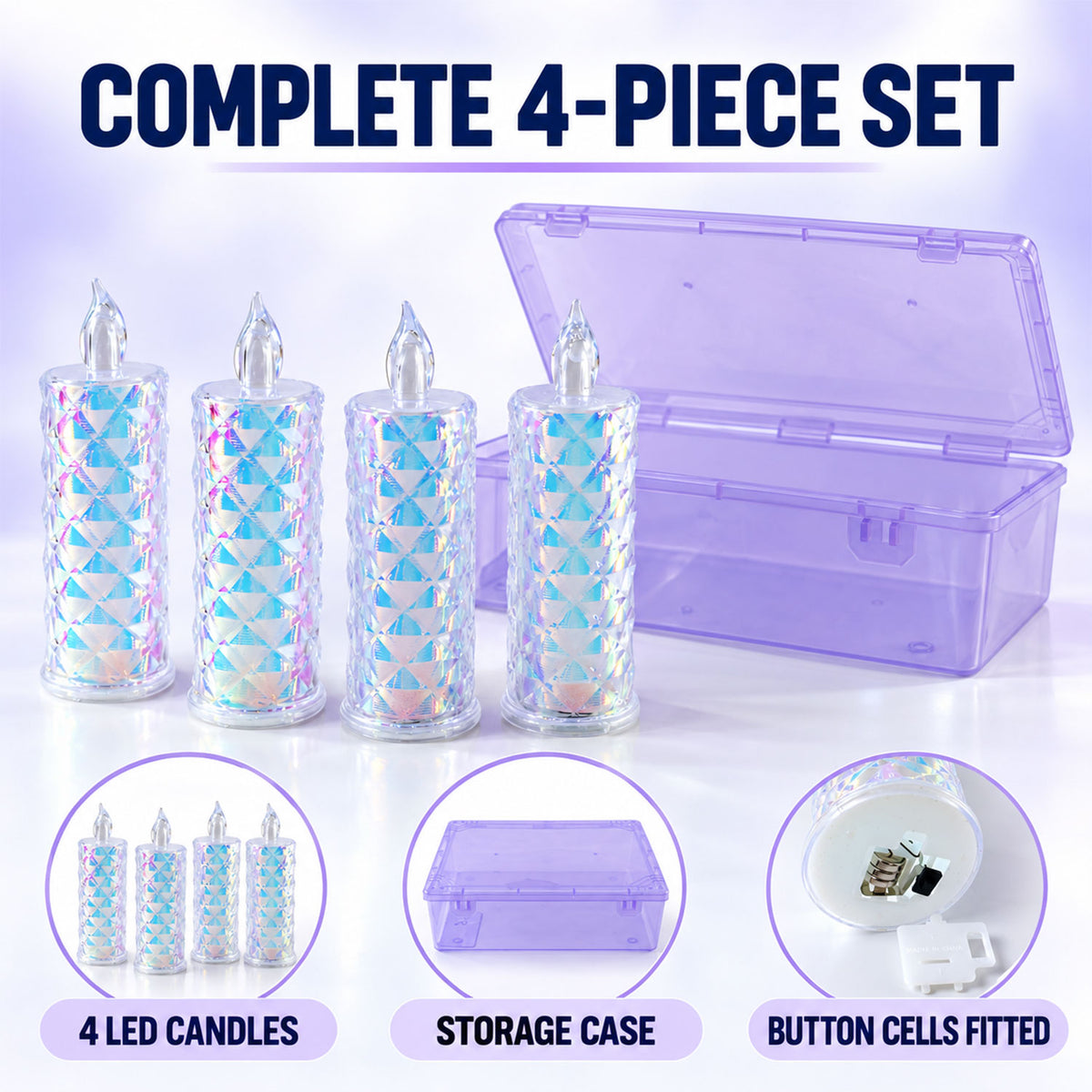 A complete 4-piece set of crystal LED candles and a translucent purple storage case are displayed on a gradient background.