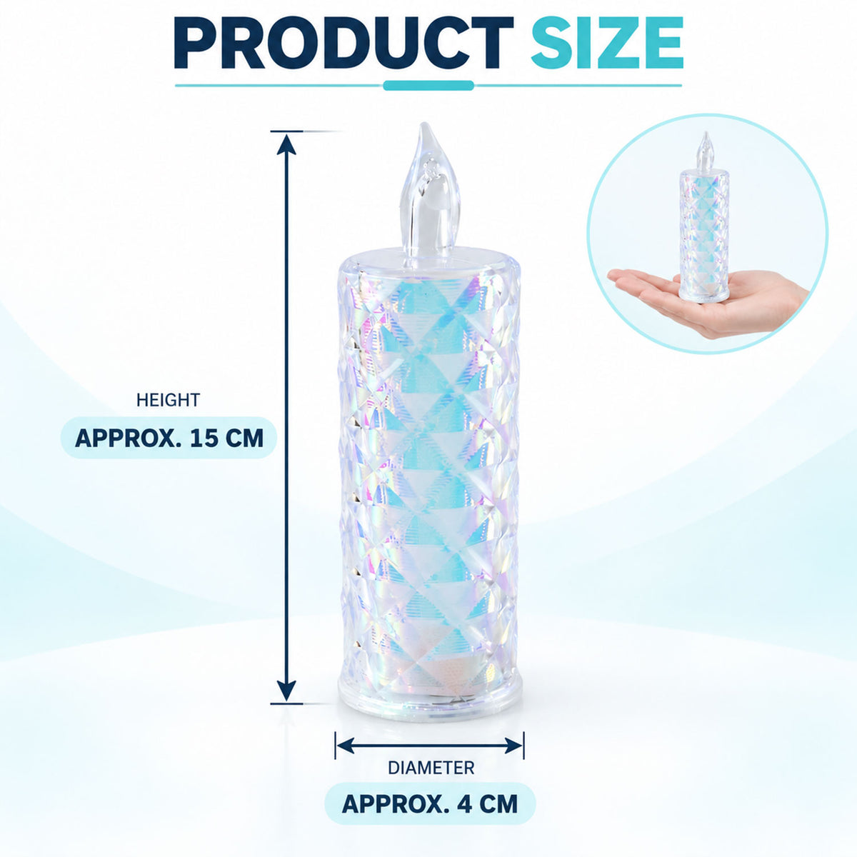 A single crystal LED candle is shown with height and diameter measurements, indicating approximately 15 cm tall and 4 cm