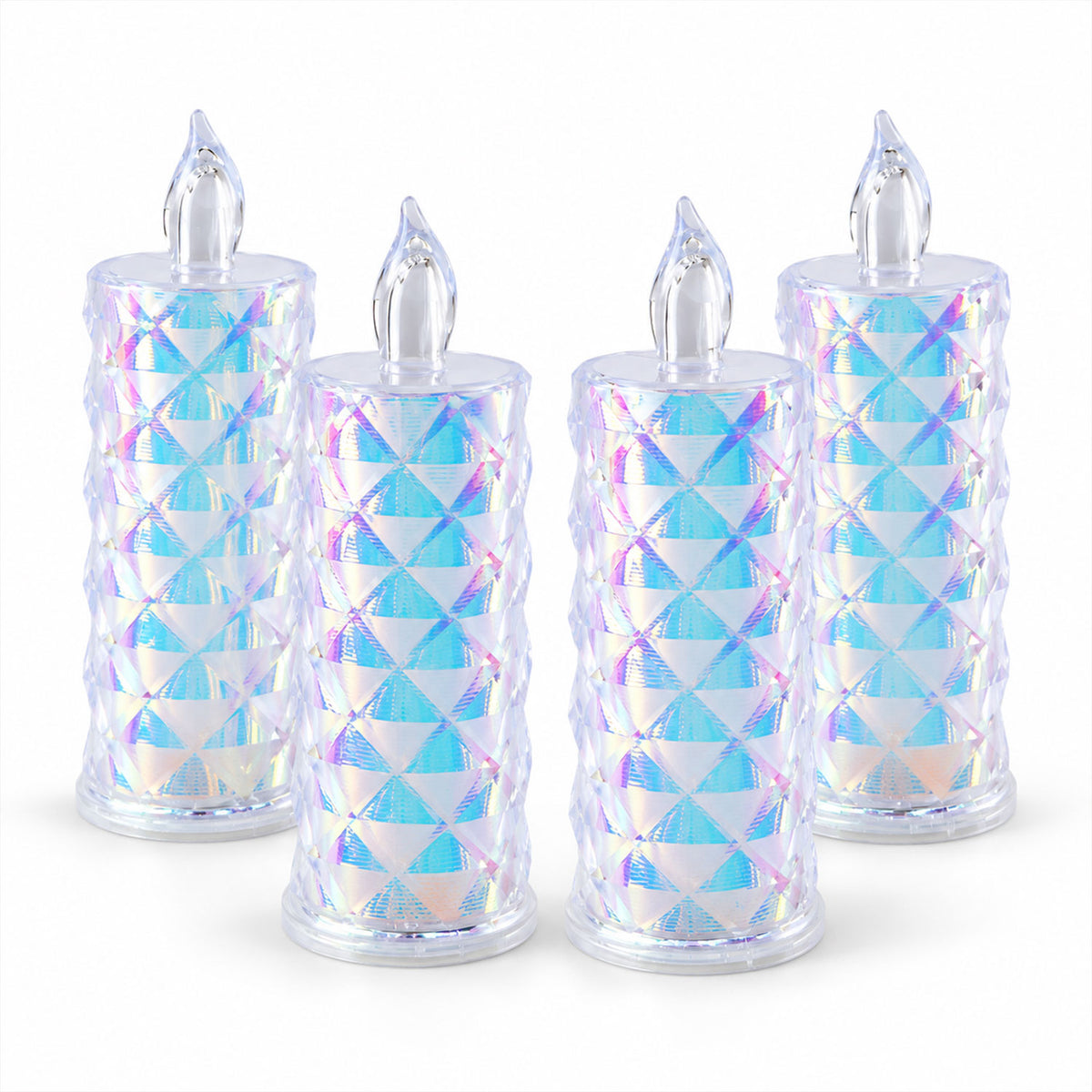 Four unlit crystal LED candles, featuring a diamond-cut pattern and iridescent finish, stand upright on a white surface.