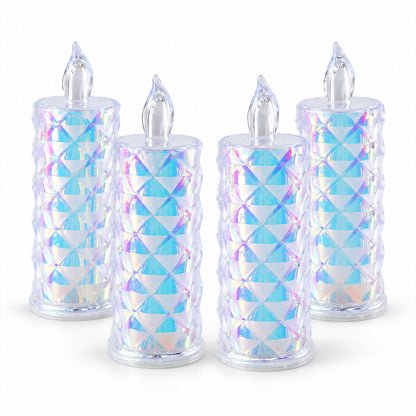 Four unlit crystal LED candles, featuring a diamond-cut pattern and iridescent finish, stand upright on a white surface.