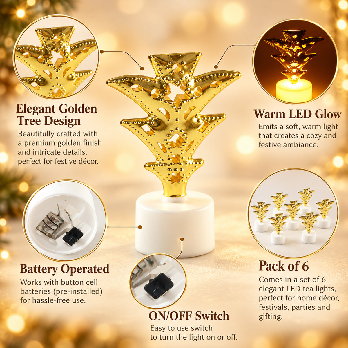Golden tree flameless LED tealight candles - product view 06
