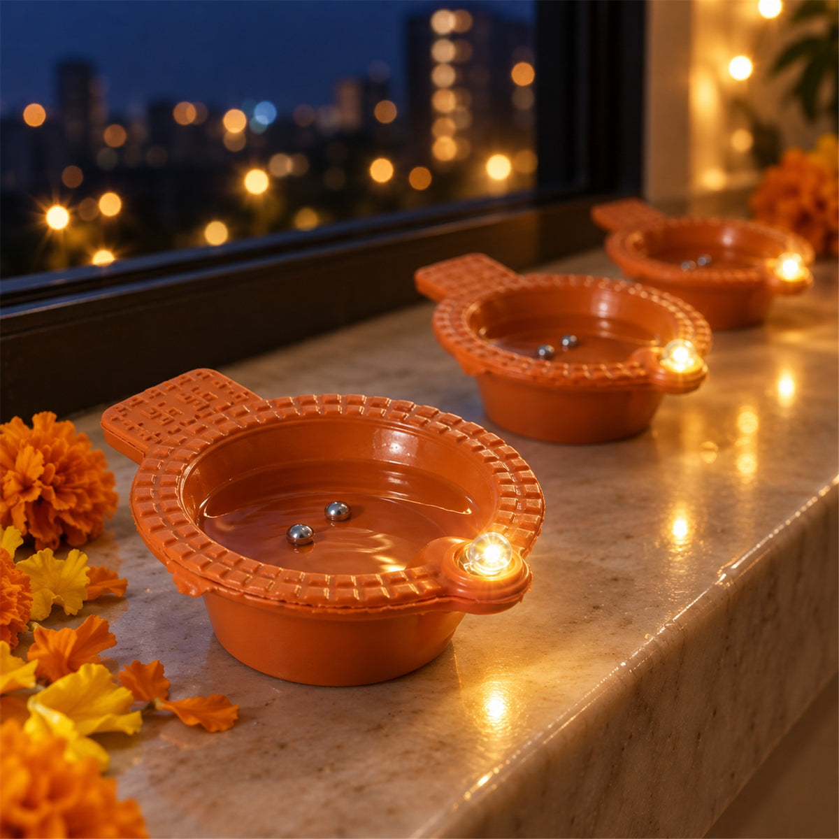 Water sensor flameless LED diyas illuminating a decorative setting