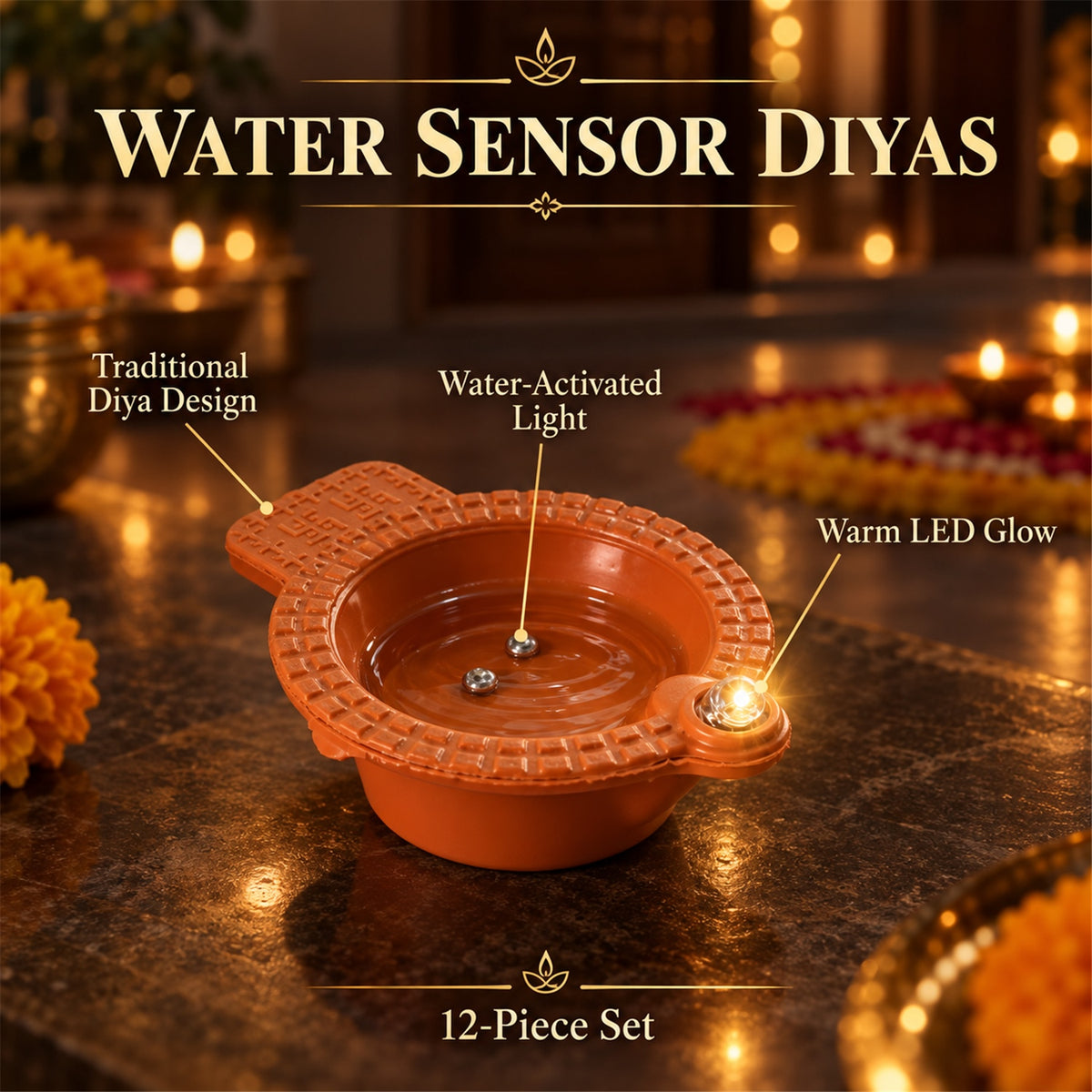 Multiple water sensor flameless LED diyas arranged on a dark surface