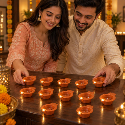 Overhead view of several water sensor flameless LED diyas in a line