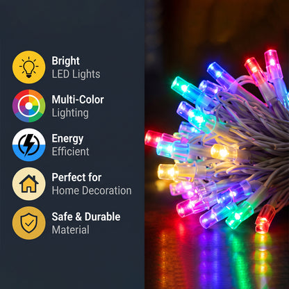 Close-up of bright multi-color LED lights with information about energy efficiency and home decoration.
