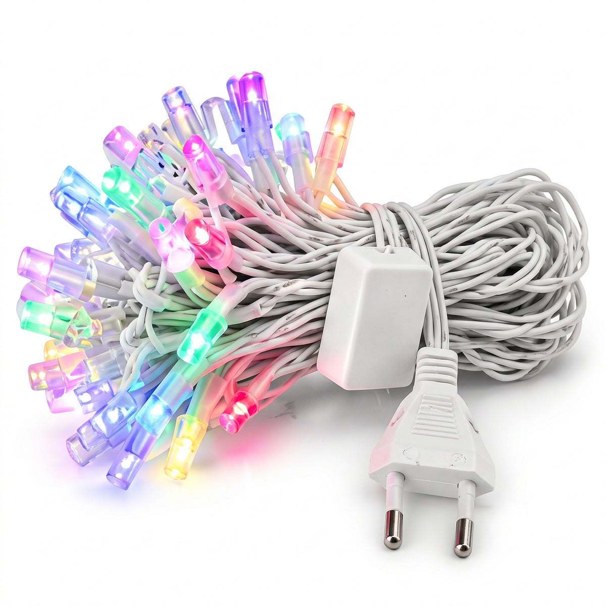 A coiled bundle of multi-color LED string lights with a white control box and two-pin plug on a white surface.
