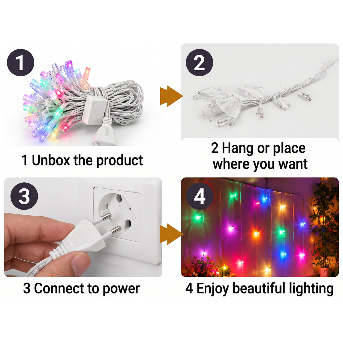 Four-step instruction guide showing how to unbox, hang, connect, and enjoy the colorful string lights.