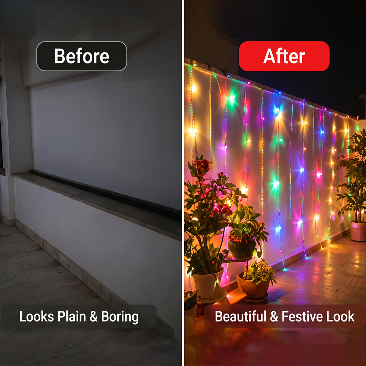 Before and after comparison of a plain balcony transformed into a festive space with colorful LED curtain lights.