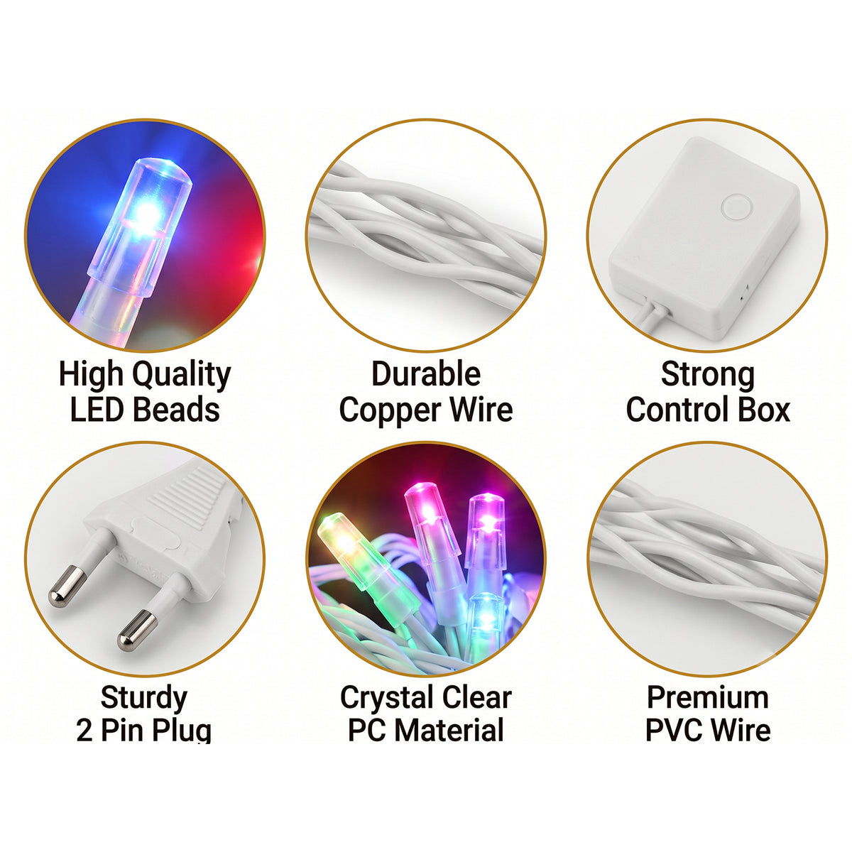 Six circular insets highlighting features like high-quality LED beads, copper wire, and a sturdy two-pin plug.
