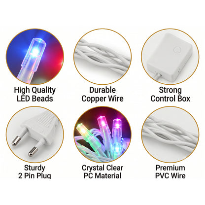 Six circular insets highlighting features like high-quality LED beads, copper wire, and a sturdy two-pin plug.