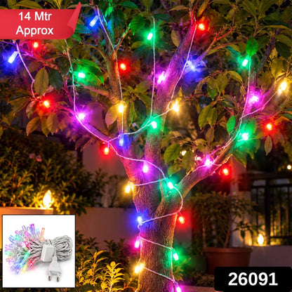 Multi-color string lights illuminating a tree, with a 14-meter length label and product number 26091.