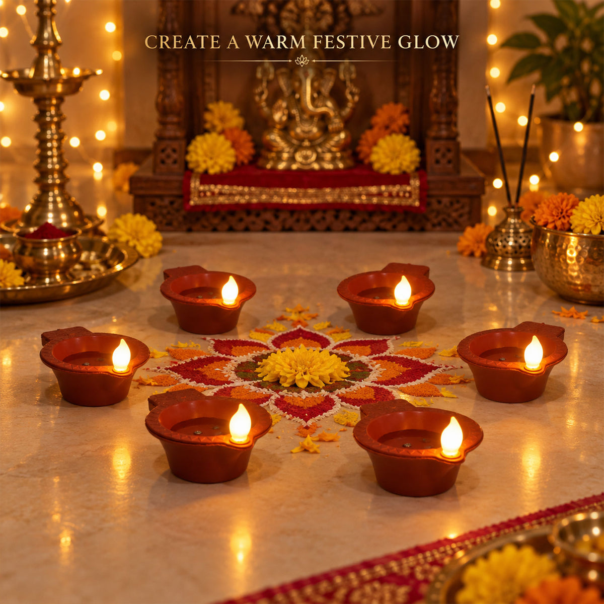 Six glowing LED diyas in terracotta color, arranged around a colorful floral rangoli design on a floor with a Ganesha idol