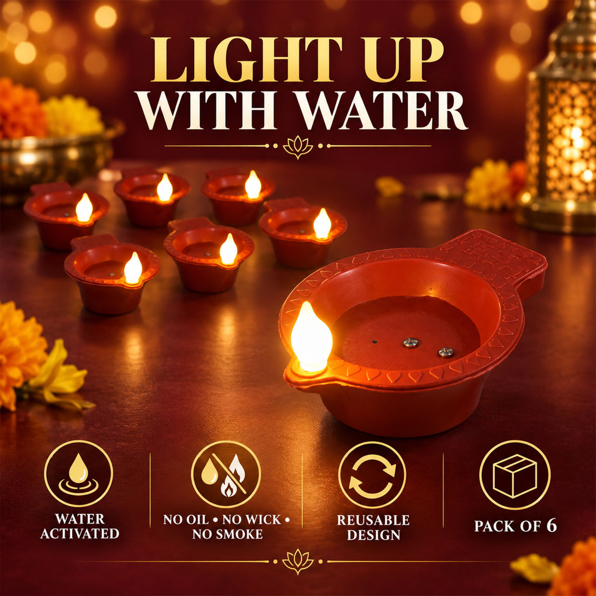 Seven glowing red water-activated LED diyas on a dark surface with decorative lighting, highlighting features like reusable