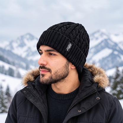 Cable knit winter beanie cap with fleece lining, product view 1