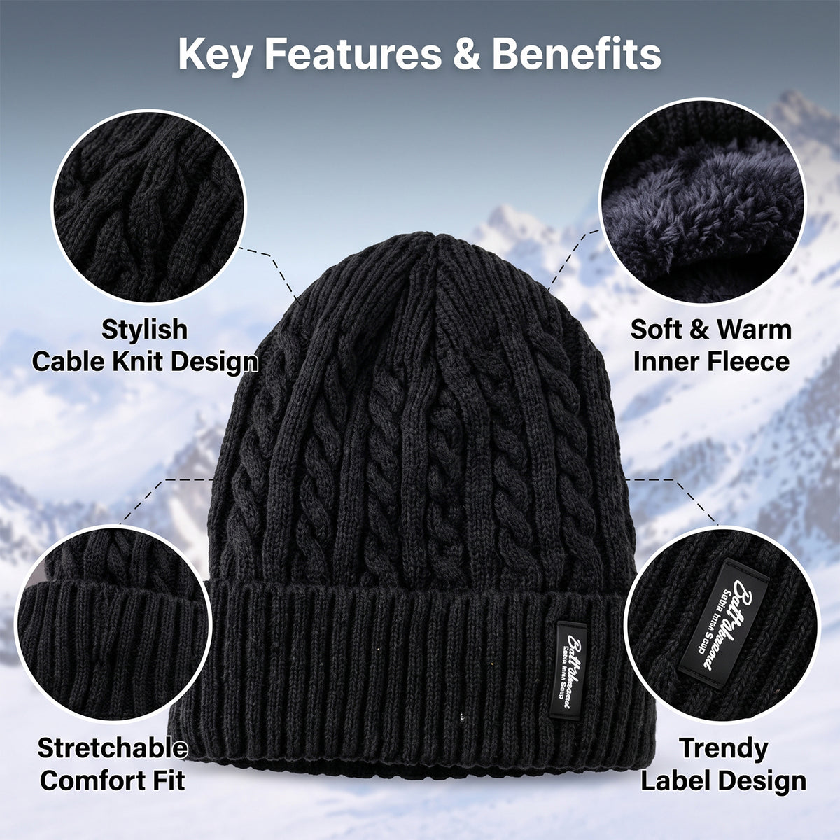 Cable knit winter beanie cap with fleece lining, product view 4