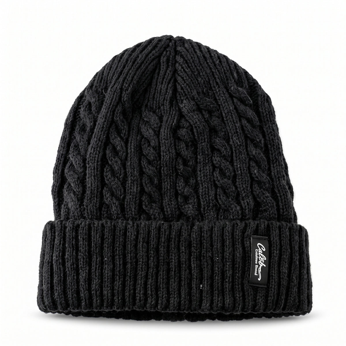 Cable knit winter beanie cap with fleece lining, white background view