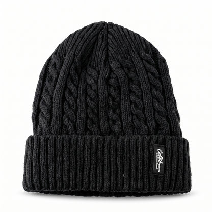 Cable knit winter beanie cap with fleece lining, white background view