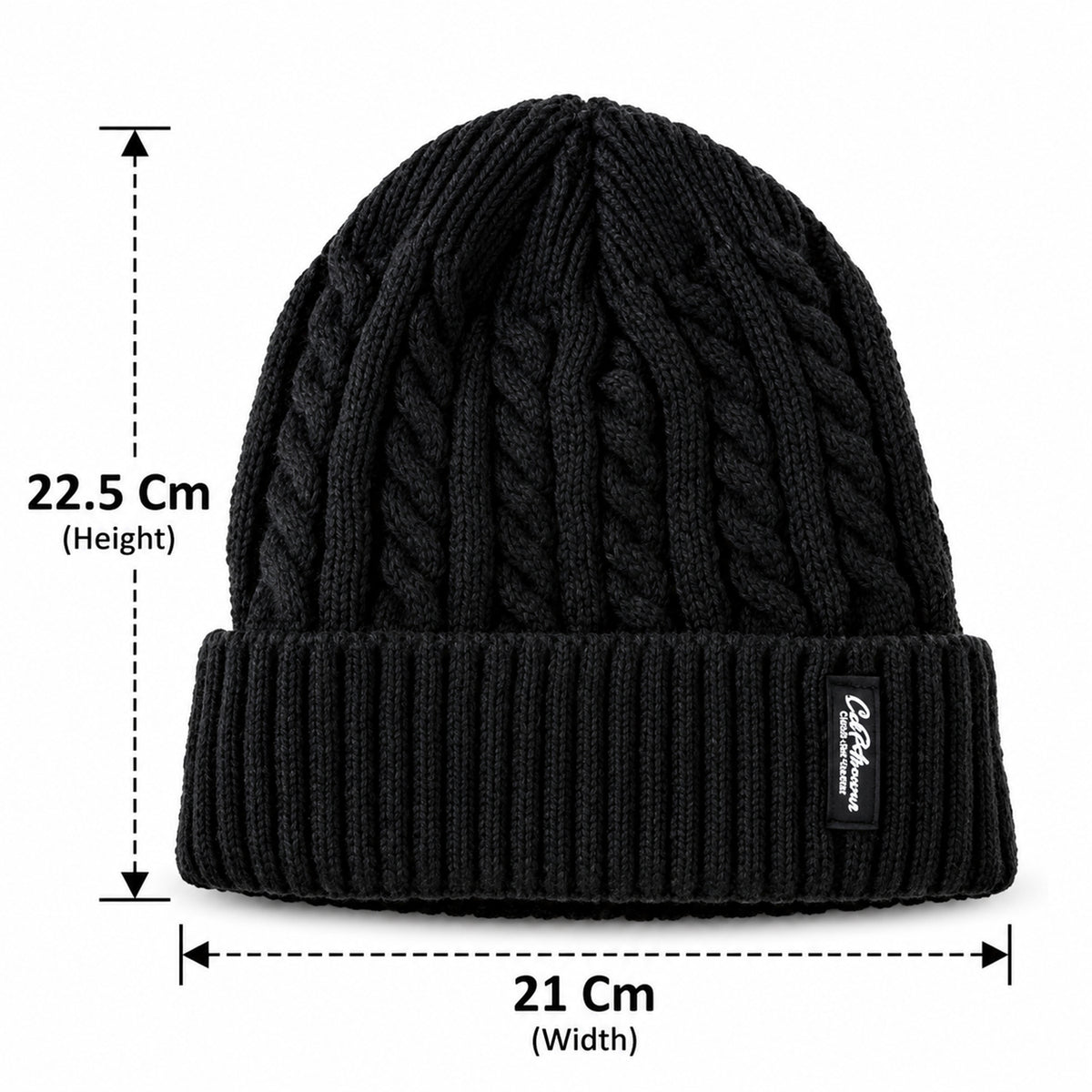 Cable knit winter beanie cap with fleece lining, dimensions