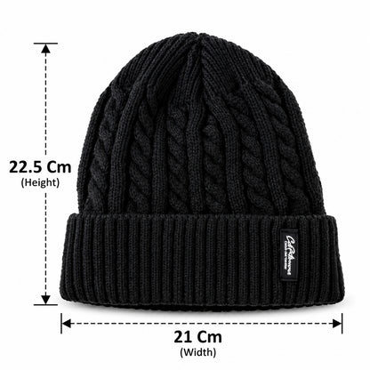 Cable knit winter beanie cap with fleece lining, dimensions