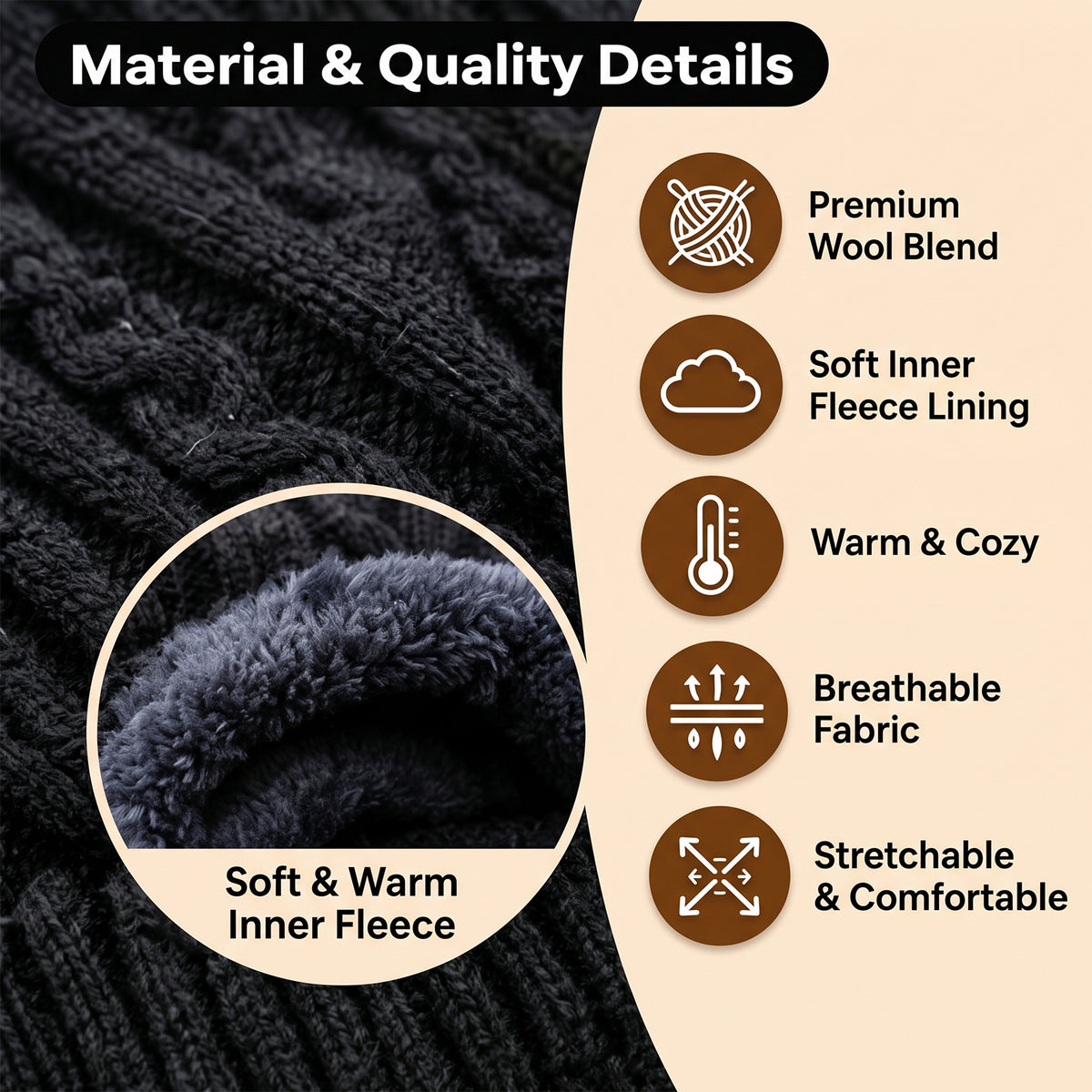 Cable knit winter beanie cap with fleece lining, product view 7