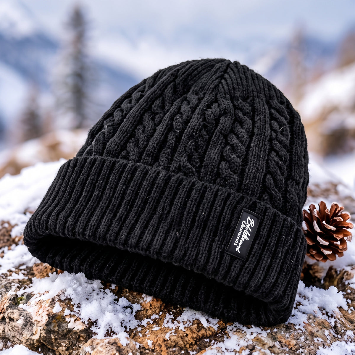 Cable knit winter beanie cap with fleece lining, product view 8