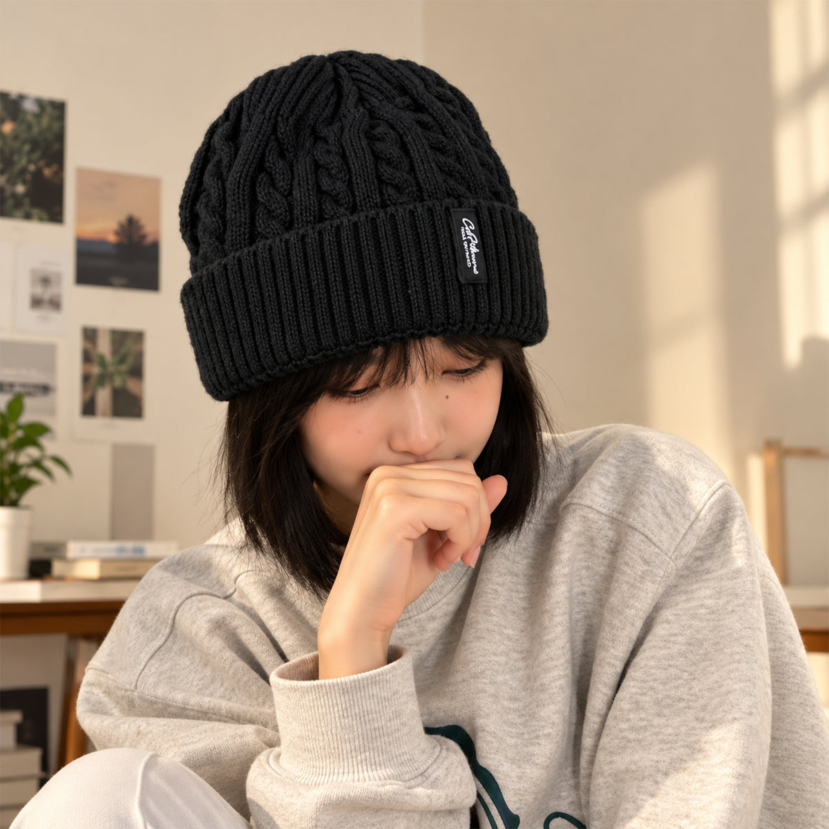 Cable knit winter beanie cap with fleece lining, product view 9