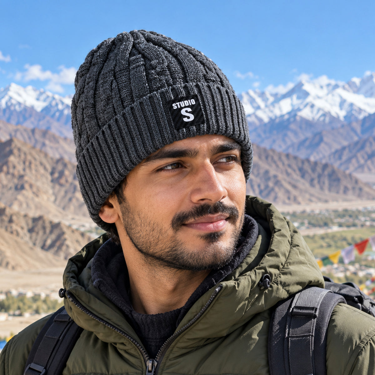 Winter knitted beanie cap with folded cuff view 01