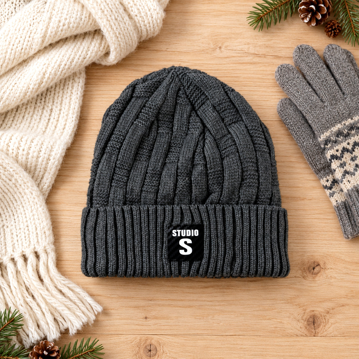 Winter knitted beanie cap with folded cuff view 02
