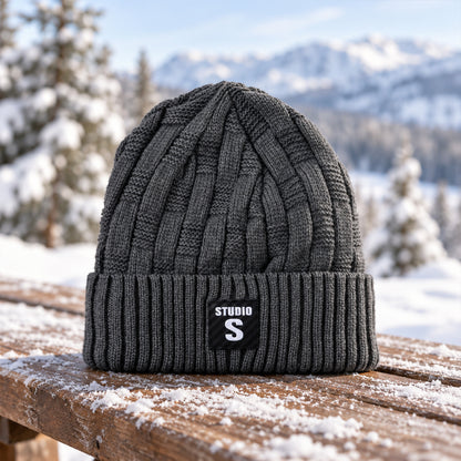 Winter knitted beanie cap with folded cuff view 04