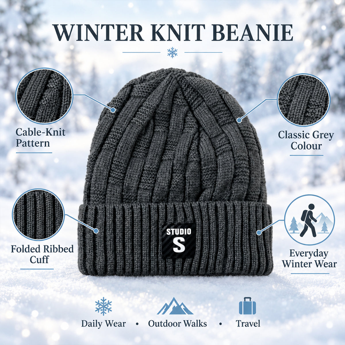 Winter knitted beanie cap with folded cuff view 06