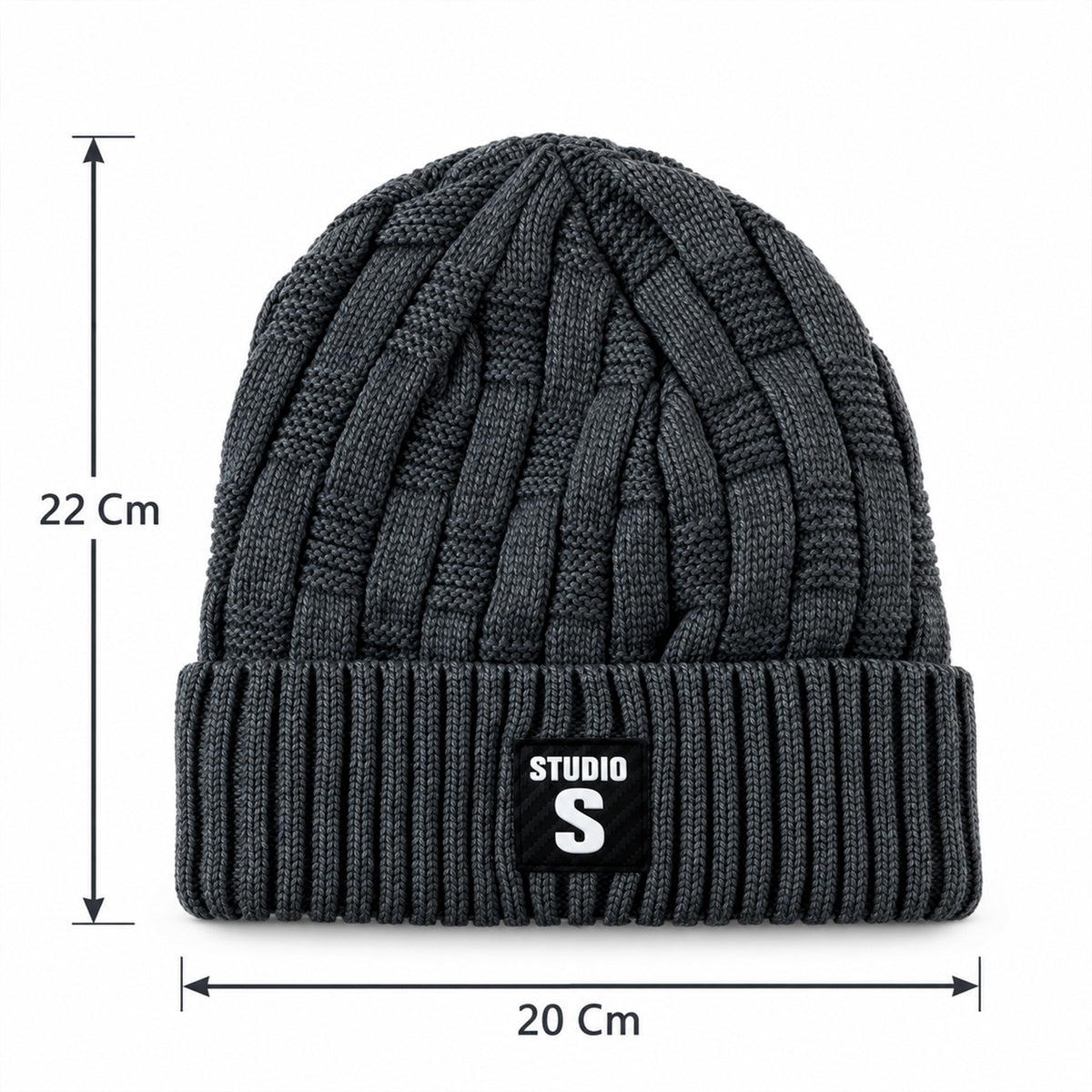 Winter knitted beanie cap with folded cuff dimensions